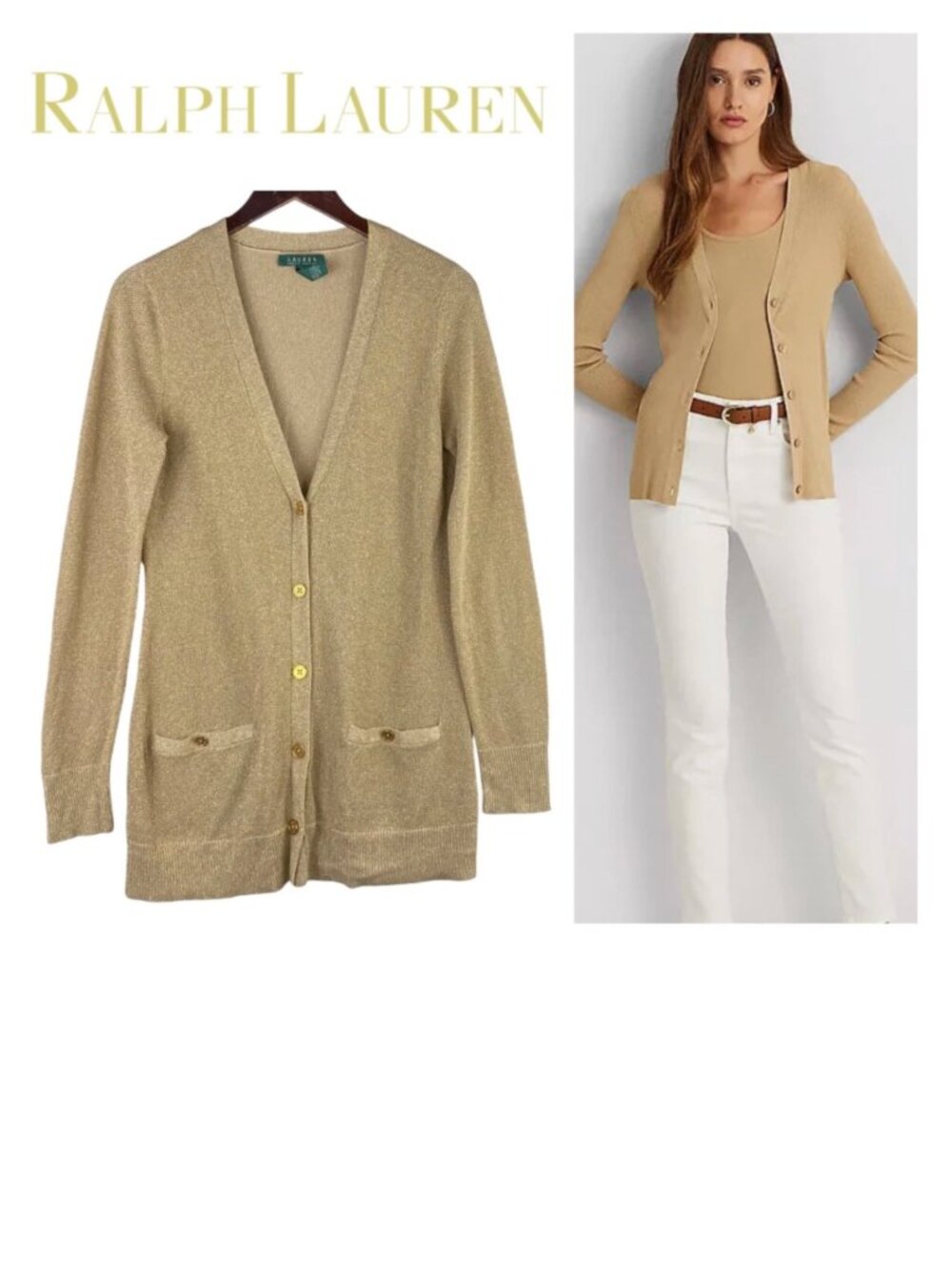 Ralph Lauren Sz Large 12 14 Cardigan Sweater SILK Blend Gold Metallic V-Neck